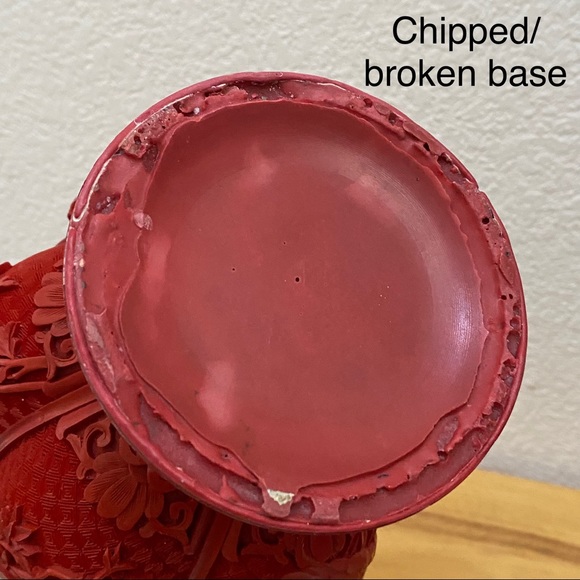 Vintage Cinnabar Red Carved Vase Floral Flower Ornate Brass Inlay 12.5-Inch Vase - Picture 13 of 15